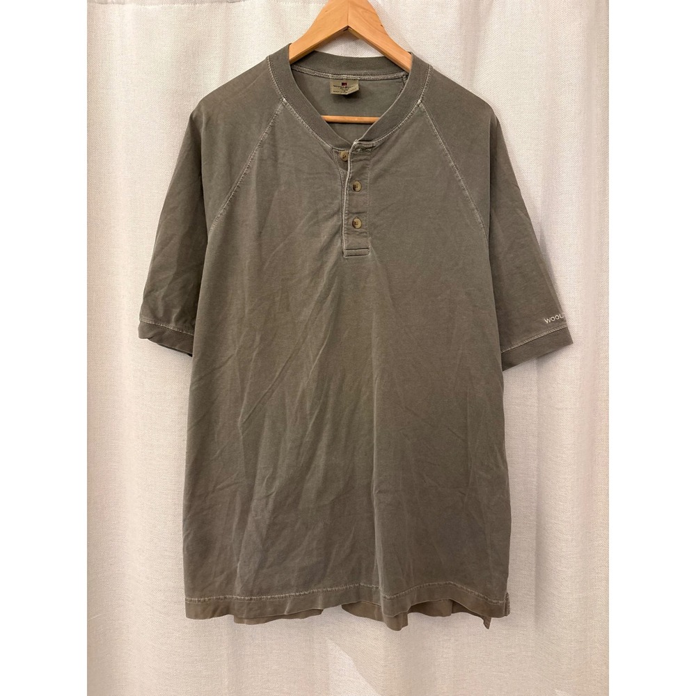 Woolrich Mens Henley Shirt Large Short Sleeve Faded Olive Green Raglan Cotton